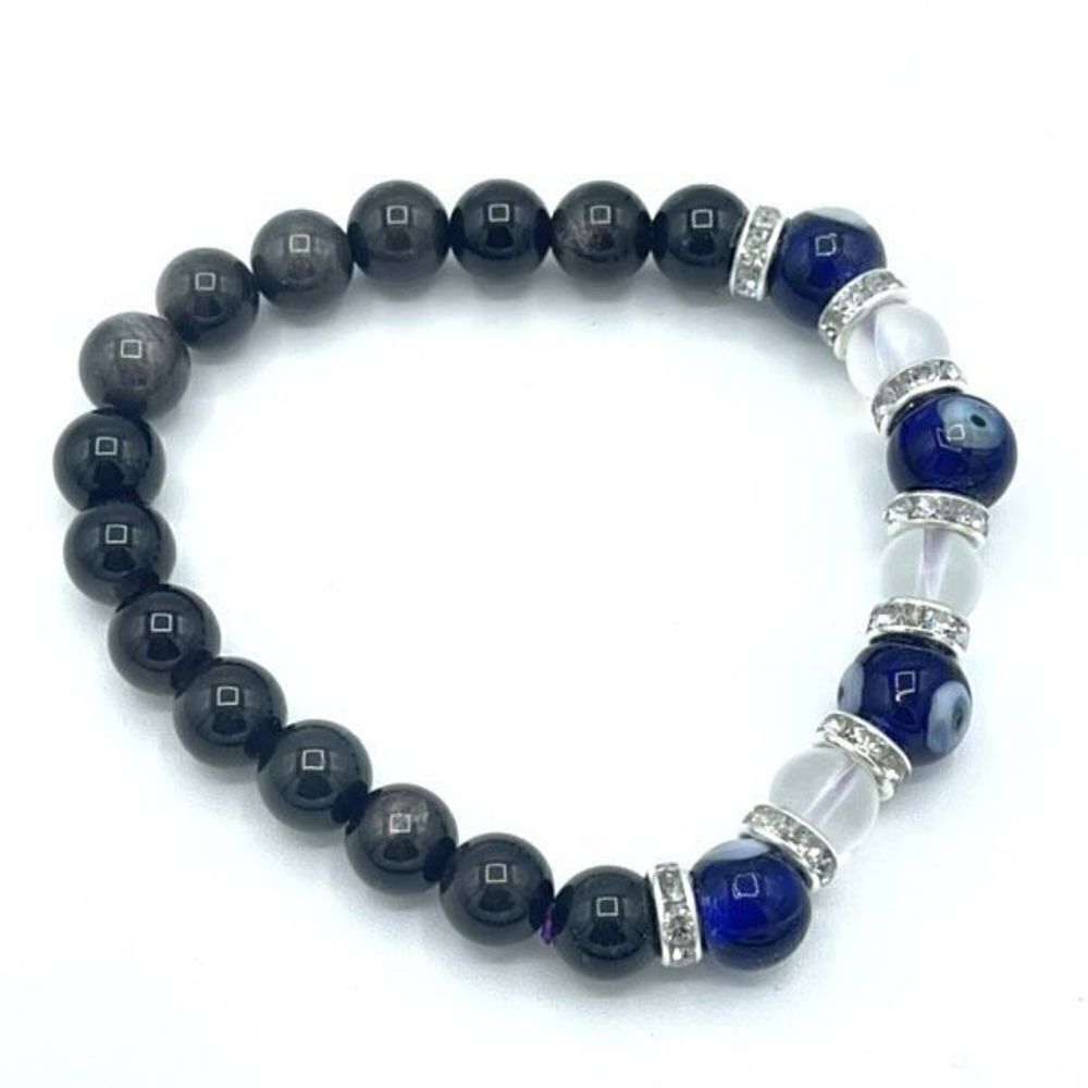Crystal beaded stretch bracelet ONE NEW evil eye silver obsidian reiki meditatio